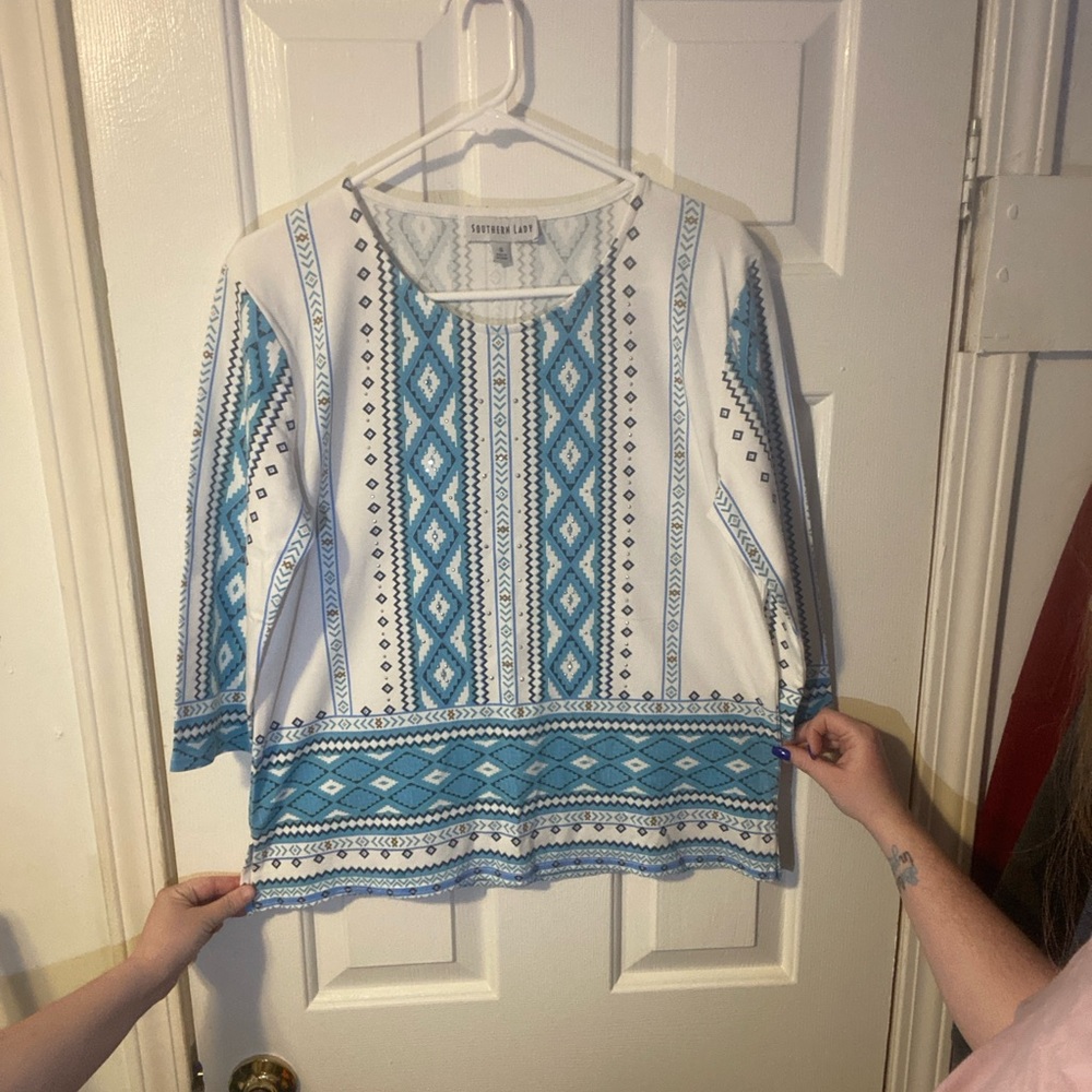 Southern Lady Geometric Blue and White Blouse